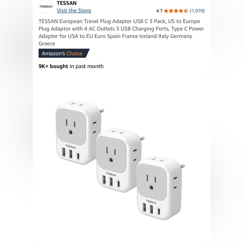 Travel Plug Adapter USB C 3 Pack, US to Europe Plug Adapter for USA/EU